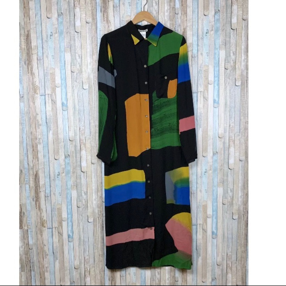 Issey Miyake M Colorful Silk Maxi Shirt Dress Rare - Picture 1 of 8